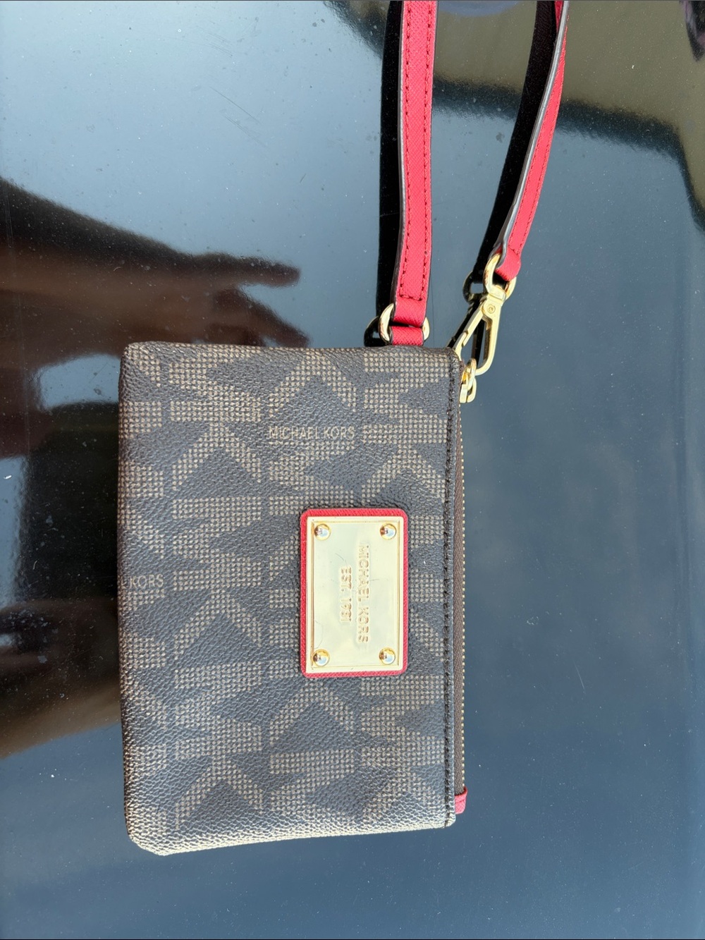 Michael Kors Brown Logo Wristlet with Red Trim and Strap